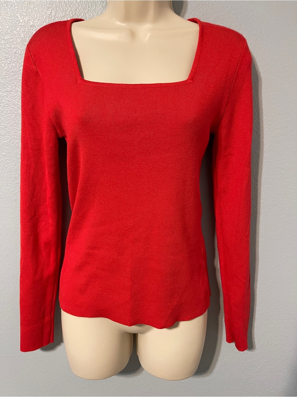 Cyrus Womens Red Square Neck Sweater Long Sleeve Fitted Knit Top Minimalist XS
